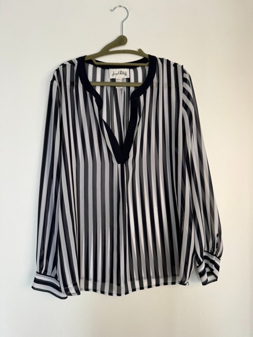 $90 Retail – Joseph Ribkoff Black White Sheer Stripe Blouse Career Chic Top - Picture 2 of 7